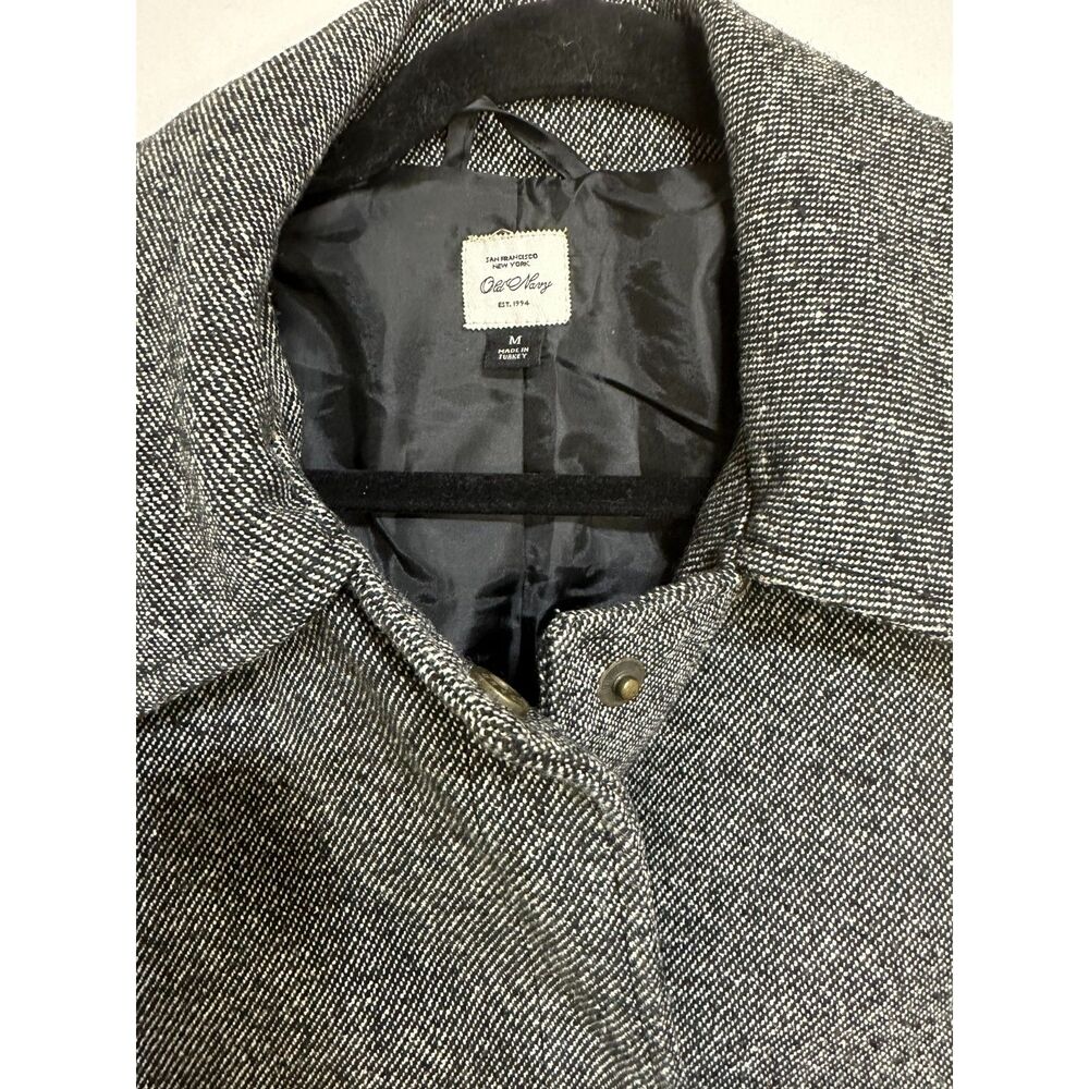 Old Navy Women's Midi Black Marled Wool Blend Trench Coat Size M Belted Lined - Picture 2 of 5